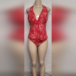 I.F. 3 Piece Bathing Suit Top Bottoms Skirt Red Floral Padded CLEAN 22W 2X Plus